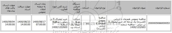 مناقصه عمومی همزمان با ارزیابی (فشرده) یک مرحله ای خرید لیفتراک 5 تن دیزلی - مناقصه شماره 1400/123/603