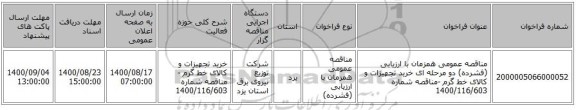 مناقصه عمومی همزمان با ارزیابی (فشرده) دو مرحله ای خرید تجهیزات و کالای خط گرم -مناقصه شماره 1400/116/603