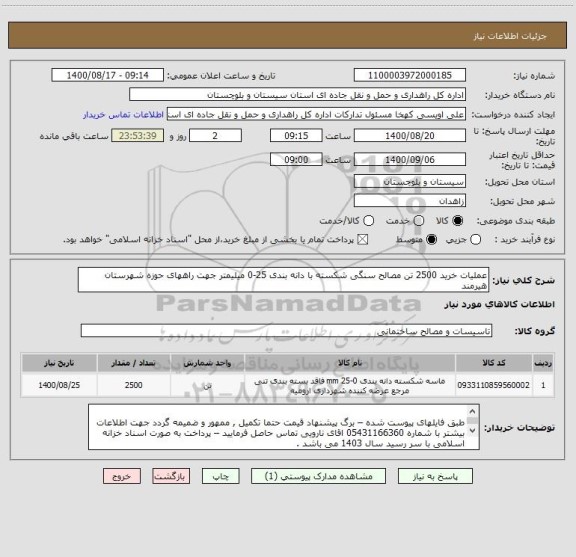 استعلام عملیات خرید 2500 تن مصالح سنگی شکسته با دانه بندی 25-0 میلیمتر جهت راههای حوزه شهرستان هیرمند 