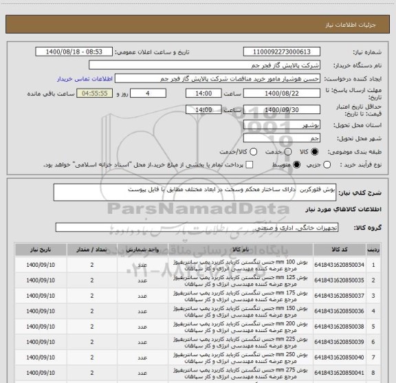 استعلام بوش فلورکربن  دارای ساختار محکم وسخت در ابعاد مختلف مطابق با فایل پیوست 