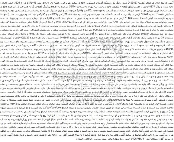 آگهی مزایده  شش دانگ یک دستگاه آپارتمان مسکونی واقع در سمت جنوب غربی طبقه اول به پلاک ثبتی 51466 فرعی از 3526 اصلی