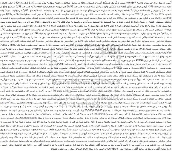 آگهی مزایده شش دانگ یک دستگاه آپارتمان مسکونی واقع در سمت شمالغربی طبقه سوم به پلاک ثبتی 51471 فرعی از 3526 اصلی