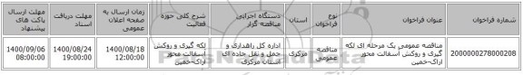 مناقصه عمومی یک مرحله ای لکه گیری و روکش آسفالت محور اراک-خمین