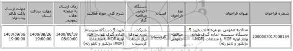 مناقصه عمومی دو مرحله ای خرید 9 دستگاه سیستم اندازه گیری هوایی ولتاژ اولیه MOF با متعلقات (MOF، دژنکتور و تابلو رله)