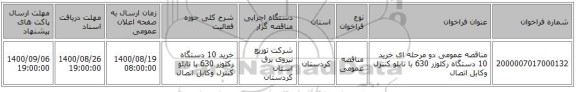 مناقصه عمومی دو مرحله ای خرید 10 دستگاه رکلوزر 630 با تابلو کنترل وکابل اتصال