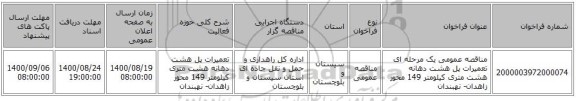 مناقصه عمومی یک مرحله ای تعمیرات پل هشت دهانه هشت متری کیلومتر 149 محور زاهدان- نهبندان