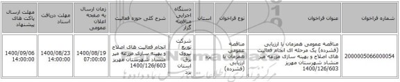 مناقصه عمومی همزمان با ارزیابی (فشرده) یک مرحله ای انجام فعالیت های اصلاح و بهینه سازی مزرعه میر منشاد شهرستان مهریز 1400/126/603