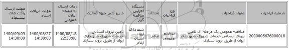 مناقصه عمومی یک مرحله ای تامین نیروی انسانی خدمات شهری شهرداری ایوان از طریق برون سپاری