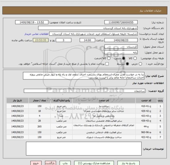 استعلام بنا به در خواست مدیر عمران استعلام بهای دستمزد اجرای سقف اول و راه پله و دیوار چینی مابقی پروژه احداث ساختمان حانه عالم برابر با لیست پیوستی.