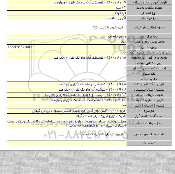 خرید ۲۰۰.۰۰۰متر انواع کابل خودنگهدار فشار ضعیف باارزیابی کیفی