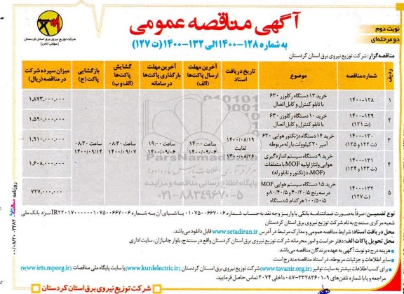 مناقصه خرید 13 دستگاه رکلوزر .... نوبت دوم 