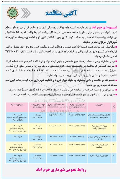 مناقصه تکمیل پروژه هدایت آبهای سطحی و ...