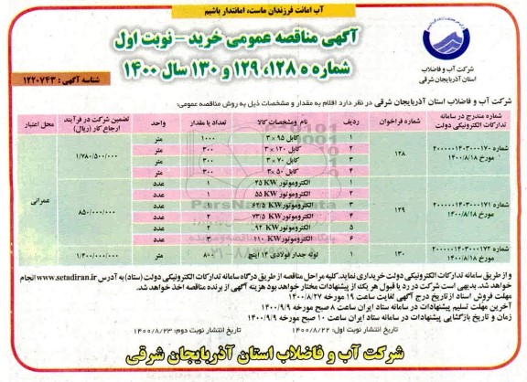 مناقصه انواع کابل ،....