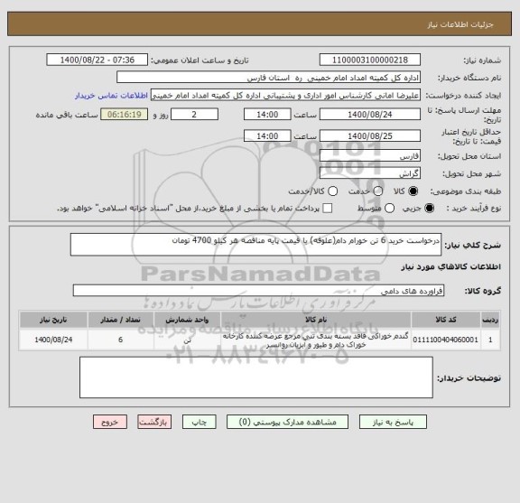 استعلام درخواست خرید 6 تن خورام دام(علوفه) با قیمت پایه مناقصه هر کیلو 4700 تومان