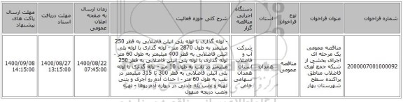 مناقصه عمومی یک مرحله ای اجرای بخشی از شبکه جمع آوری فاضلاب مناطق پراکنده سطح شهرستان بهار