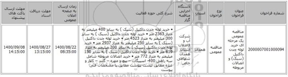 مناقصه عمومی یک مرحله ای خرید لوله چدن داکتیل (سبک) و اتصالات مربوطه