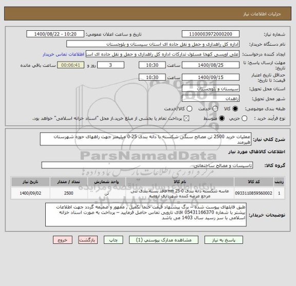 استعلام عملیات خرید 2500 تن مصالح سنگی شکسته با دانه بندی 25-0 میلیمتر جهت راههای حوزه شهرستان هیرمند 