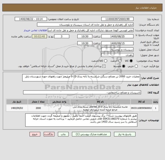 استعلام عملیات خرید 2000 تن مصالح سنگی شکسته با دانه بندی 25-0 میلیمتر جهت راههای حوزه شهرستان زابل 