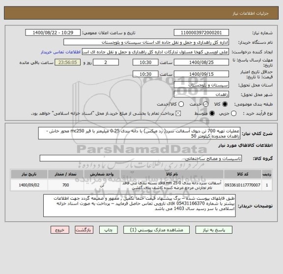 استعلام عملیات تهیه 700 تن دپوی آسفالت سرد( رد میکس) با دانه بندی 25-0 میلیمتر با قیر mc250 محور خاش - زاهدان محدوده کیلومتر 50 