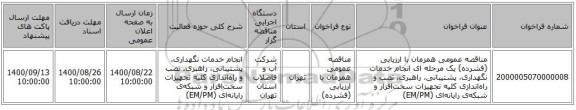 مناقصه عمومی همزمان با ارزیابی (فشرده) یک مرحله ای انجام خدمات نگهداری، پشتیبانی، راهبری، نصب و راه‌اندازی کلیه تجهیزات سخت‌افزار و شبکه‌ی رایانه‌ای (EM/PM)