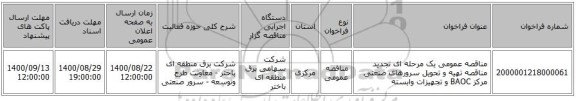 مناقصه عمومی یک مرحله ای تجدید مناقصه تهیه و تحویل سرورهای صنعتی مرکز BAOC و تجهیزات وابسته