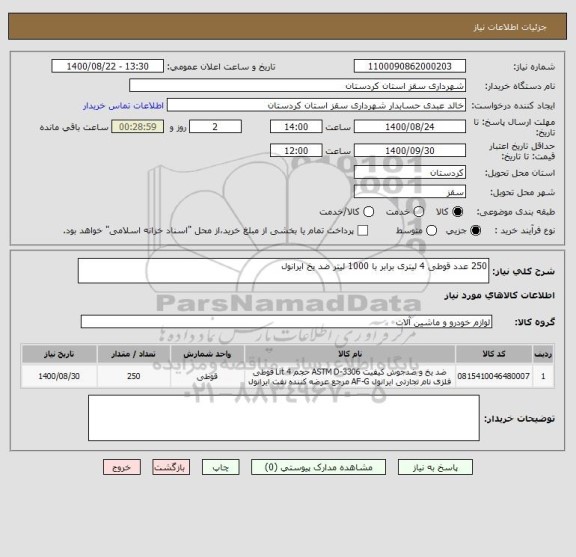 استعلام 250 عدد قوطی 4 لیتری برابر با 1000 لیتر ضد یخ ایرانول 