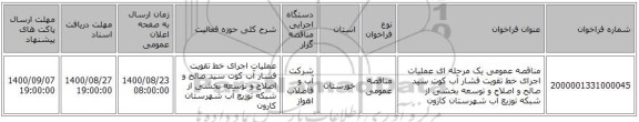 مناقصه عمومی یک مرحله ای عملیات اجرای خط تقویت فشار آب کوت سید صالح و اصلاح و توسعه بخشی از شبکه توزیع آب شهرستان کارون