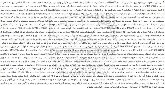 آگهی مزایده ششدانگ یک دستگاه آپارتمان قطعه دوم تفکیکی واقع در شرق طبقه همکف به مساحت 65.52متر مربع 