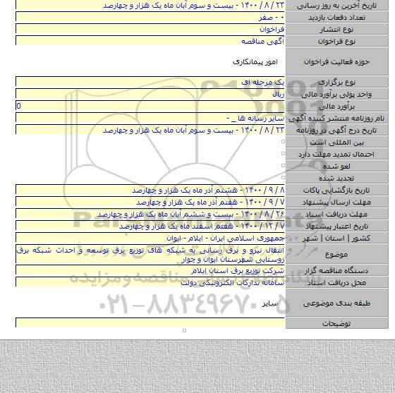 انتقال نیرو و برق رسانی به شبکه های توزیع برق توسعه و احداث شبکه برق روستایی شهرستان ایوان و چوار