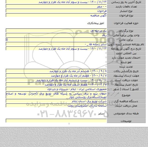 انتقال نیرو و برق رسانی به شبکه های توزیع برق (احداث، توسعه و اصلاح بهینه)شبکه برق روستایی چوار