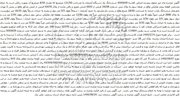 آگهی مزایده ششدانگ یک دستگاه آپارتمان به مساحت 121/65 مترمربع که مقدار 8/50 مترمربع