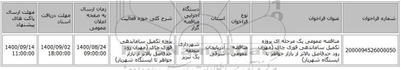 مناقصه عمومی یک مرحله ای پروژه تکمیل ساماندهی قوری چای (مهران رود حدفاصل بالاتر از بازار جواهر تا ایستگاه شهریار)