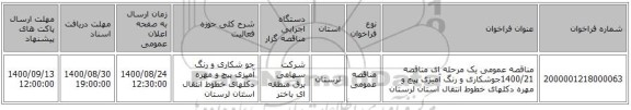 مناقصه عمومی یک مرحله ای مناقصه 1400/21جوشکاری و رنگ آمیزی پیچ و مهره دکلهای خطوط انتقال استان لرستان 