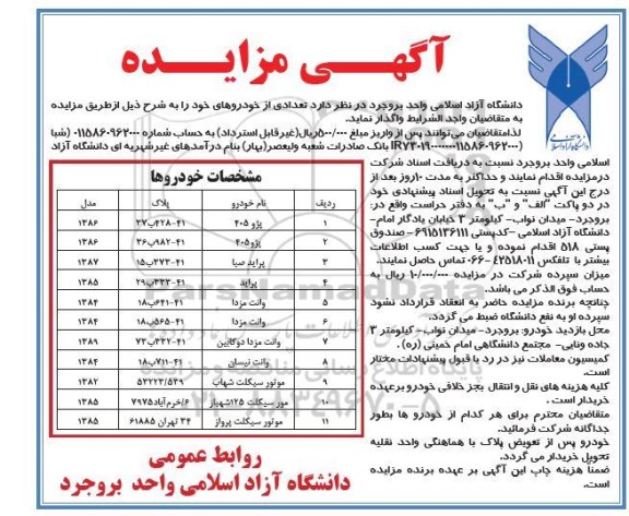 مزایده واگذاری تعدادی خودرو