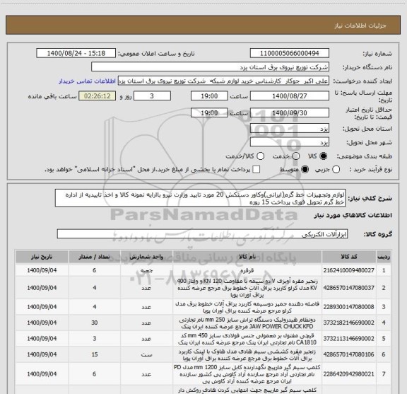 استعلام لوازم وتجهیزات خط گرم(ایرانی)وکاور دستکش 20 مورد تایید وزارت نیرو باارایه نمونه کالا و اخذ تاییدیه از اداره خط گرم تحویل فوری پرداخت 15 روزه