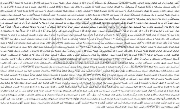 آگهی مزایده ششدانگ یک دستگاه آپارتمان واقع در شمال شرقی طبقه سوم به مساحت 134/98 مترمربع 