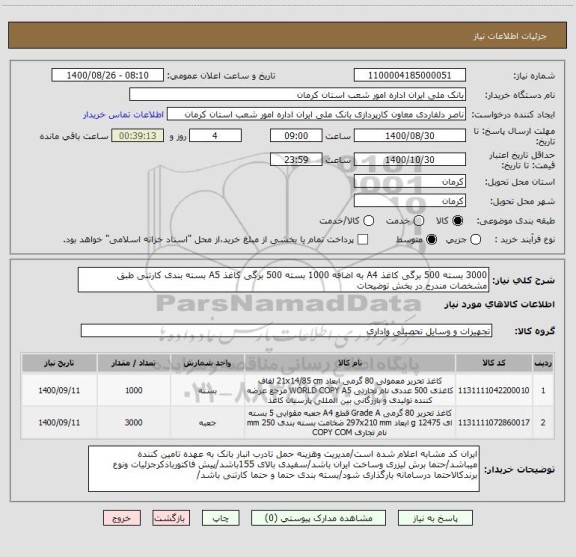 استعلام 3000 بسته 500 برگی کاغذ A4 به اضافه 1000 بسته 500 برگی کاغذ A5 بسته بندی کارتنی طبق مشخصات مندرج در بخش توضیحات