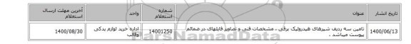 تامین سه ردیف شیرهای ‎هیدرولیک برقی‏ ،  مشخصات فنی و تصاویر فایلهای در ضمائم  پیوست میباشد .