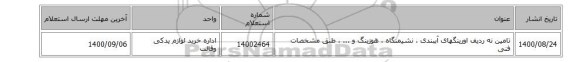 تامین نه ردیف اورینگهای آببندی‏ ، نشیمنگاه‏ ، هوزینگ و ... ،  طبق مشخصات فنی