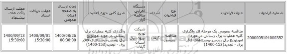 مناقصه عمومی یک مرحله ای واگذاری کلیه عملیات برق رسانی در حوزه امورتوزیع برق رودسر-روستاهای فاقد برق - تجدید(153-1400)