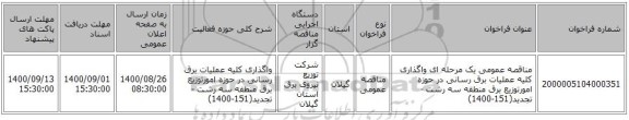 مناقصه عمومی یک مرحله ای واگذاری کلیه عملیات برق رسانی در حوزه امورتوزیع برق منطقه سه رشت - تجدید(151-1400)