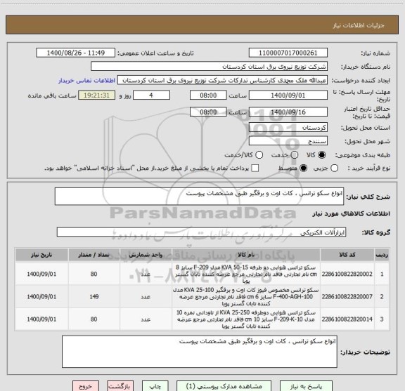 استعلام انواع سکو ترانس ، کات اوت و برقگیر طبق مشخصات پیوست