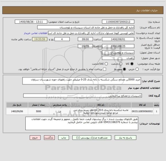 استعلام خرید 5000تن مصالح سنگی شکسته با دانه بندی 25-0 میلیمتر جهت راههای حوزه شهرستان سراوان 