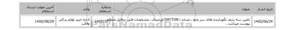 تامین سه ردیف نگهدارنده های سر پانچ ، نشان :  DAYTON اورجینال ، مشخصات فنی درفایل  ضمائم  پیوست میباشد .