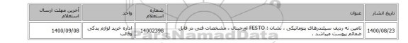 تامین نه ردیف سیلندرهای پنوماتیکی  ، نشان : FESTO اورجینال ، مشخصات فنی در فایل ضمائم  پیوست میباشد .