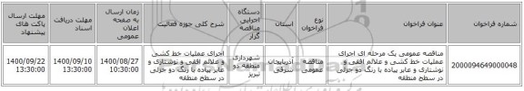 مناقصه عمومی یک مرحله ای اجرای عملیات خط کشی و علائم افقی و نوشتاری و عابر پیاده با رنگ دو جزئی در سطح منطقه