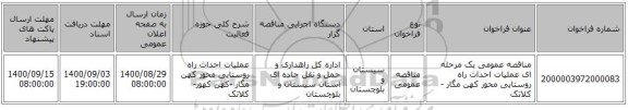 مناقصه عمومی یک مرحله ای عملیات احداث راه روستایی محور کهن مگار - کلاتک