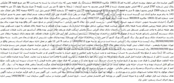 آگهی مزایده ششدانگ یک قطعه زمین که دران احداث بنا شده به مساحت 90 متر مربع 