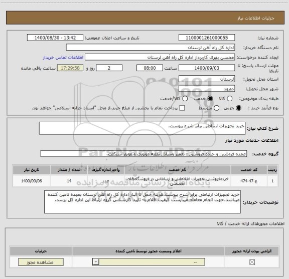 استعلام خرید تجهیزات ارتباطی برابر شرح پیوست.