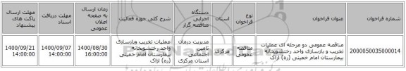 مناقصه عمومی دو مرحله ای عملیات تخریب و بازسازی واحد رختشویخانه بیمارستان امام خمینی (ره) اراک